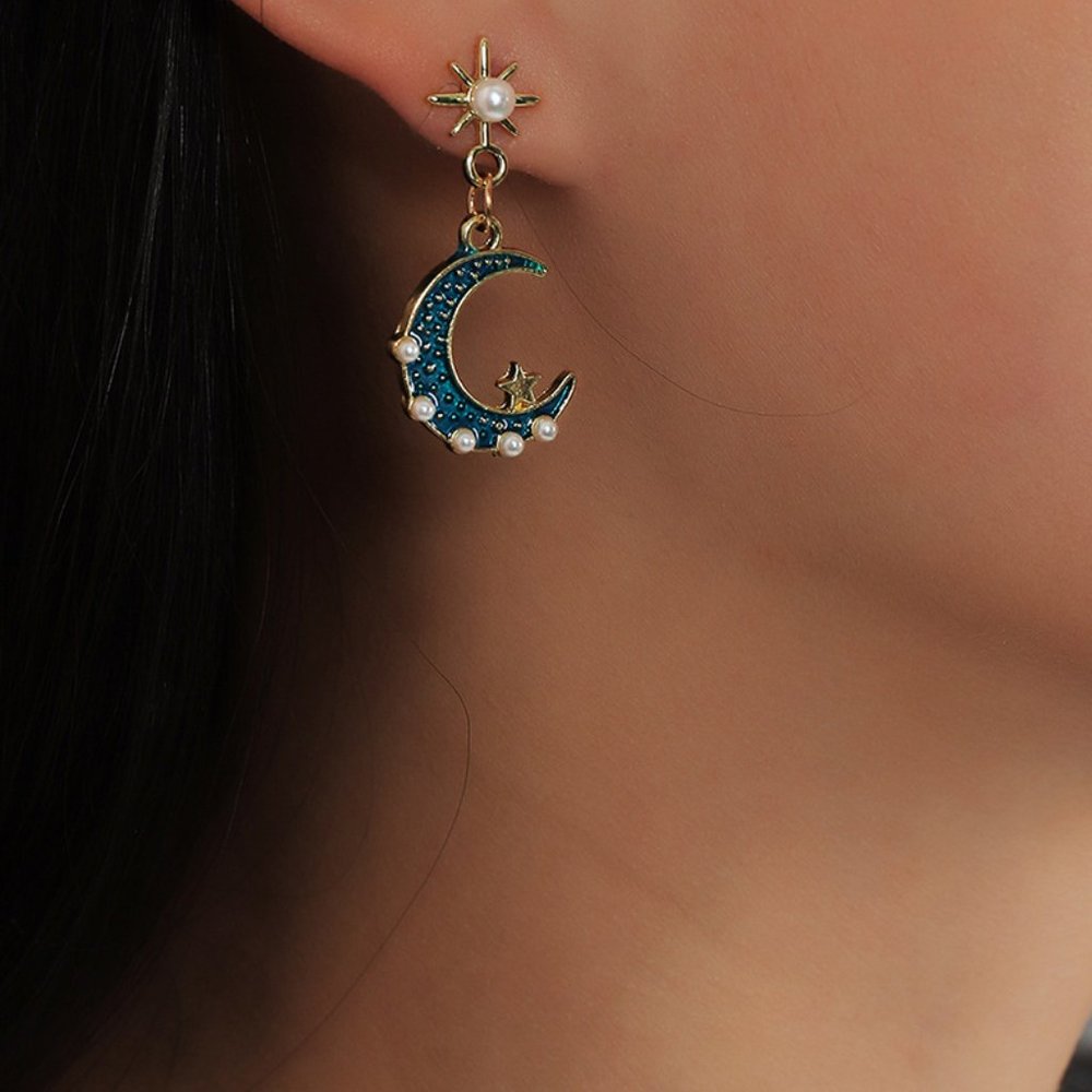 Blue & Gold Celestial Sun & Crescent Moon Pearl Beaded Dangle Earrings NEW - Picture 5 of 7